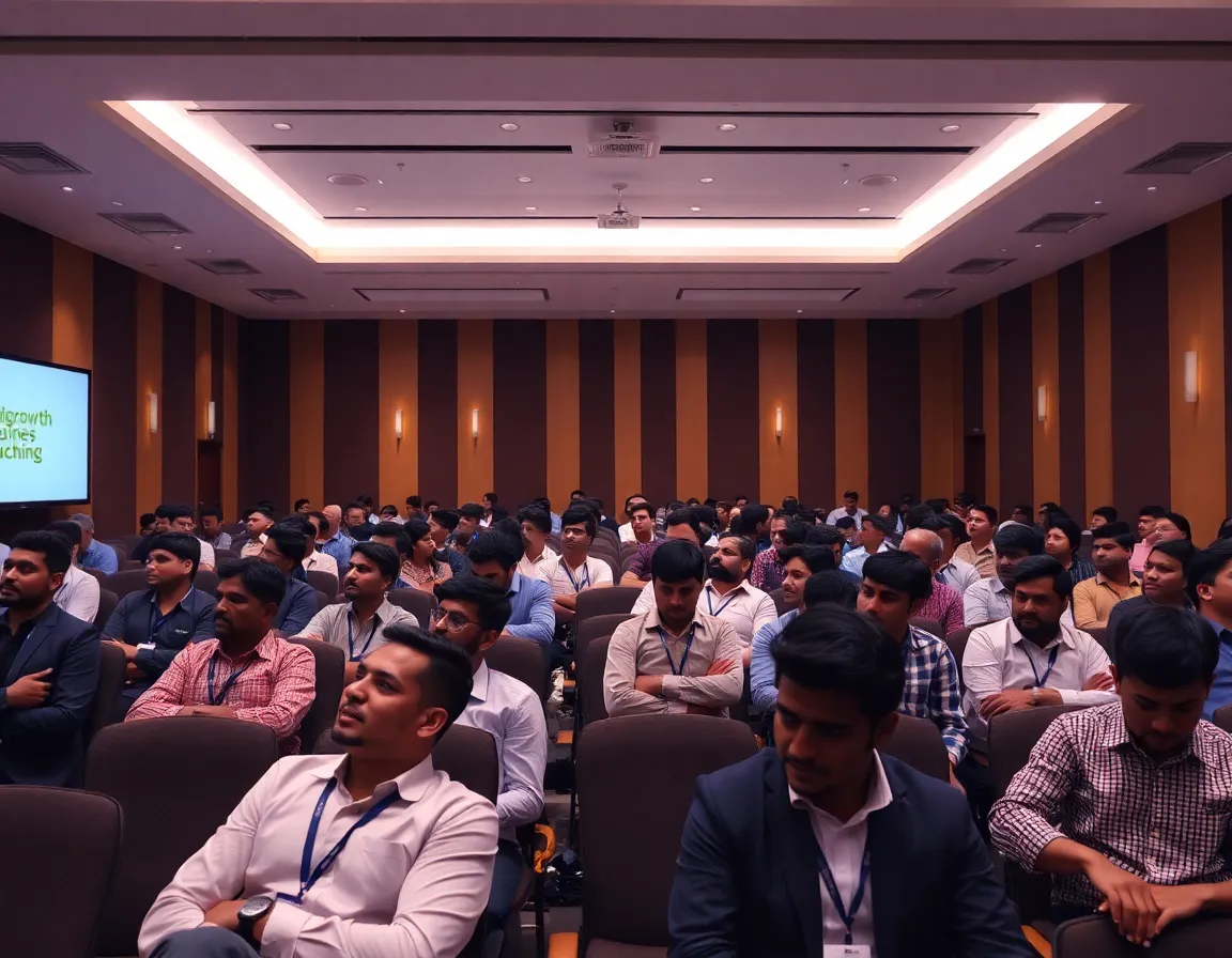 A wide shot of a modern conference hall filled with engaged attendees.